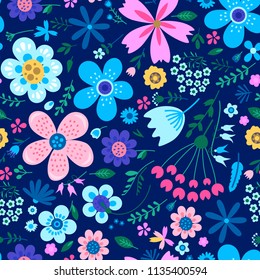Amazing floral vector seamless pattern of bright colorful flowers in cute vintage style.Beautiful colorful flowers background. Spring primitive texture. Design folk style concept for fashion print.