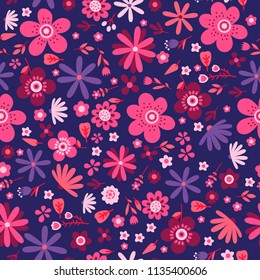 Amazing floral vector seamless pattern of bright colorful flowers in cute vintage style.Beautiful colorful flowers background. Spring primitive texture. Design folk style concept for fashion print.