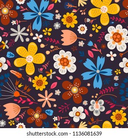 Amazing floral vector seamless pattern of bright colorful flowers in cute vintage style.Beautiful colorful flowers background. Spring primitive texture. Design folk style concept for fashion print.