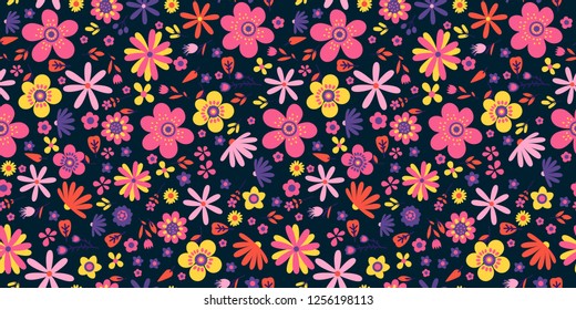 Amazing floral vector seamless pattern of bright colorful flowers in cute vintage style.Beautiful colorful flowers background. Spring primitive texture. Design folk style concept for fashion print.