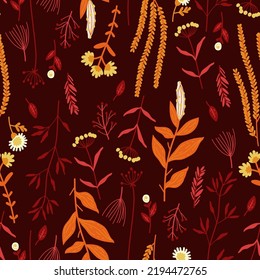 Amazing floral vector seamless pattern of vibrant colorful flowers in a cute vintage style. Beautiful colorful flowers background. Spring primitive texture. Folk style design concept for fashion