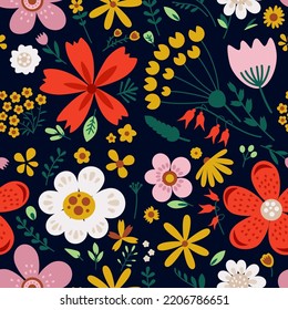 Amazing floral vector seamless pattern of bright colorful flowers in cute vintage style.Beautiful colorful flowers background. Spring primitive texture. Design folk style concept for fashion print.