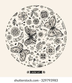 Amazing fly butterflies insect, flowers, plant, dots, spiral, triangle. Vector. Set collection. Creative bohemia concept for wedding invitation, card, ticket, branding, logo label. Black, white, beige