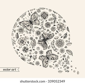 Amazing fly butterflies insect, flowers, plant, dots, spiral, triangle. Vector. Set collection. Creative bohemia concept for wedding invitations, cards, tickets, congratulations, branding, logo label