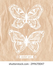 Amazing fly butterflies, wildlife insect. Vector. Set collection. Creative bohemia concept for wedding invitations, cards, tickets, logo, label. Paper texture. Brown beige white soft pastel colors