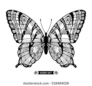 Amazing fly butterfly with dots, spirals, triangles. Wild life insect. Vector. Creative bohemia concept for wedding invitations, cards, tickets, congratulations, branding, logo, label. Black and white