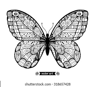 Amazing fly butterfly with dots, spirals, triangles. Wild life insect. Vector. Creative bohemia concept for wedding invitations, cards, tickets, congratulations, branding, logo, label. Black and white