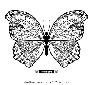 Amazing fly butterfly with dots, spirals, triangles. Wild life insect. Vector. Creative bohemia concept for wedding invitations, cards, tickets, congratulations, branding, logo, label. Black and white