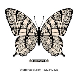 Amazing fly butterfly with dots, spirals, triangles. Wild life insect isolated. Vector. Creative bohemia concept for wedding invitations, cards, tickets, branding, logo, label. Black and white, beige