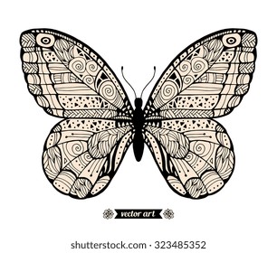 Amazing fly butterfly with dots, spirals, triangles. Wild life insect isolated. Vector. Creative bohemia concept for wedding invitations, cards, tickets, branding, logo, label. Black and white, beige