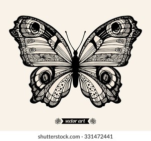 Amazing fly butterfly "Inachis io", wildlife insect, dots, spirals, circles, triangles. Creative bohemia concept for wedding invitations, cards, tickets, branding, logo, label Black and white, beige