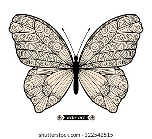 Amazing fly butterfly with lines spirals, triangles. Wild life insect isolated. Vector. Creative Bohemia concept for wedding invitations, cards, tickets, branding, logo, label. Black and white, beige