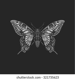 Amazing fly butterfly on black background. Vector. Creative concept for invitations  cards. Black and white