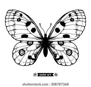 Amazing fly butterfly "Parnassius apollo", wildlife insect, dots, dotted. Vector. Creative bohemia concept for invitations, cards, tickets, congratulations, branding, logo, label. Black and white