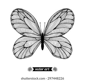 Amazing fly butterfly. Vector. Creative bohemia concept for wedding invitations, cards, tickets, congratulations, branding, logo, label. Black and white