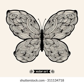 Amazing fly butterfly. Vector. Creative bohemian concept for wedding invitations, cards, tickets, congratulations, branding, logo, label. Black and white, beige