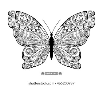 Amazing fly butterfly. Wild insect isolated. Coloring book page for adult. Vintage vector. Creative bohemia concept for wedding invitation card, ticket, branding, logo, label, emblem. Black and white