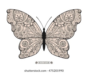 Amazing fly butterfly. Wild insect isolated. Vintage vector. Creative bohemia concept for wedding invitation card, ticket, branding, logo, label, emblem. Monochrome, black line, white, beige colors
