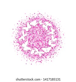 Amazing fly white butterflies on round of pink dots on white background. Vector. Set collection. Creative concept for wedding invitations, cards, tickets, congratulations, branding, logo, label.