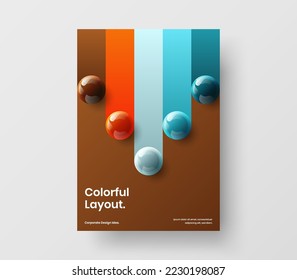 Amazing flyer vector design template. Bright 3D spheres leaflet layout.