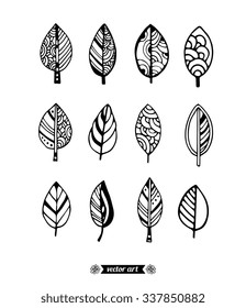 Amazing forest exotic leaves. Vector. Set collection. Creative bohemia concept for icons design, cards, tickets, branding, logo, label, emblem. Black and white