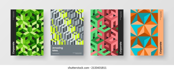 Amazing front page A4 vector design template collection. Premium geometric tiles company brochure concept set.