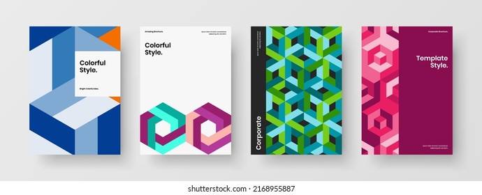 Amazing front page A4 vector design concept set. Clean mosaic hexagons corporate cover illustration collection.