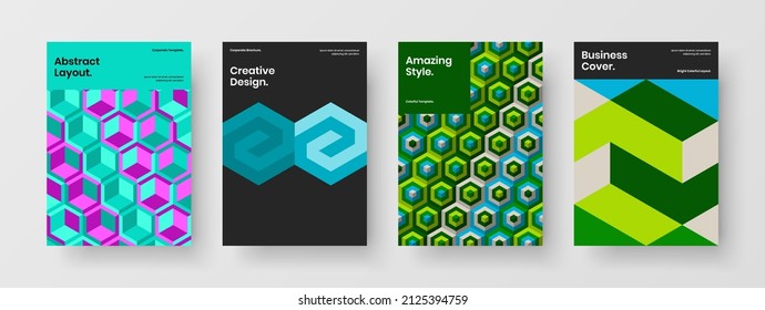 Amazing front page design vector layout bundle. Unique geometric hexagons presentation concept collection.