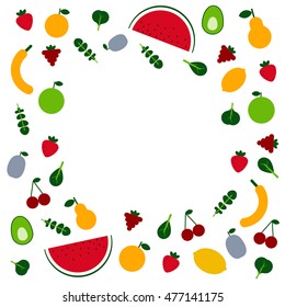 Amazing fruits and veggies flat design template in vector. Healthy food and plant base diet concept. Frame and place for text.  For menu, banners cafe and restaurant