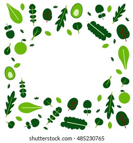 Amazing fruits and veggies flat design template in vector. Healthy food and plant base diet concept. Leaf and green frame for text.  For menu, banners cafe and restaurant