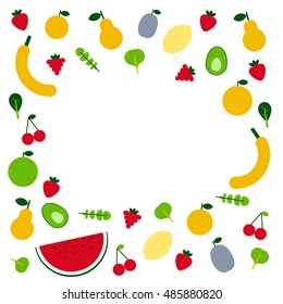 Amazing fruits and veggies flat design template in vector. Healthy food and plant base diet concept. Frame for text.  For menu, banners cafe and restaurant