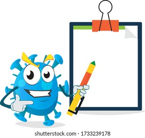amazing funny alien character pointing on clipboard with pencil