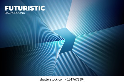 Amazing futuristic background with geometric figure and glowing. Psycho hypno tunnel with lines and edges. Blue gamma wallpaper for web site or banner. Neon retrowave style.