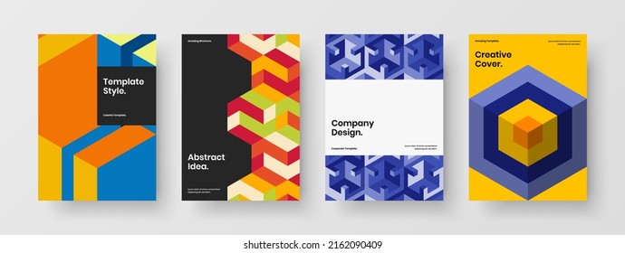 Amazing geometric hexagons leaflet illustration composition. Fresh magazine cover vector design concept set.