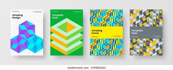 Amazing geometric hexagons poster layout set. Vivid handbill vector design illustration collection.