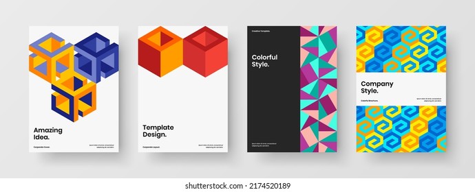 Amazing geometric shapes leaflet concept bundle. Multicolored company brochure A4 design vector template set.