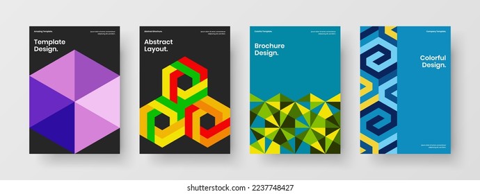 Asombrosa composición de plantillas de folletos de azulejos geométricos. Conjunto de ilustraciones de diseño de vectores A4 de cubierta corporativa colorida.