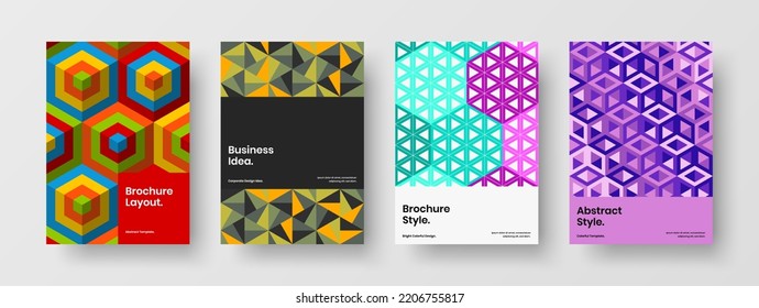 Amazing geometric tiles pamphlet illustration composition. Clean handbill A4 design vector template set.