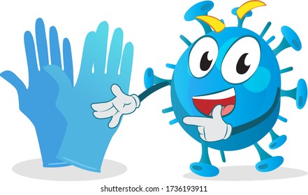 amazing germ character presenting a pair of hand gloves for protection
