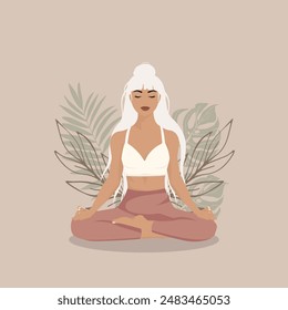 Amazing girl in lotus pose in yoga. Practicing yoga. Young and happy woman meditating.