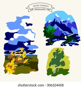 Amazing glaciers on mountain green valley with birch grove vector illustration