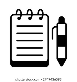 An amazing glyph icon of notepad with pen, trendy vector