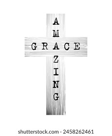 Amazing Grace retro type style text with realistic wooden cross. Christian icon. T shirt graphic template. Church logo, black and white concept. Praise and worship music album design. Creative blank.