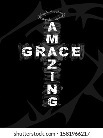 Amazing Grace - text on cross shape. Christianity quote for t-shirt design. Typography biblical poster, vector background