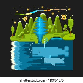 Amazing green flat island concept. Mountain,trees,polar lights, and blue waterfall design. Whales underwater in a waves ocean. Northern Lights  vector illustration.