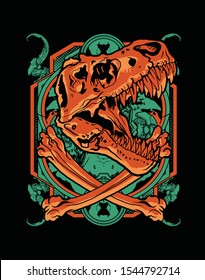 amazing green orange t rex fossil with sacred geometry background for t shirt , poster, stiker design 