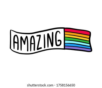 Amazing hand drawn vector illustration in cartoon style doodle label lettering rainbow flag