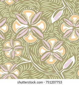Amazing hand drawn vector, vintage style, seamless floral pattern with stylized flowers, dots, lines and leaves. great for tile, pottery works, packaging paper, wedding invitation card and other 