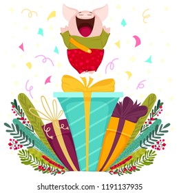 Amazing Happy cute little piglet with presents. Merry Christmas and Happy New Year illustration. Vector isolated template for print invitation, greeting card, poster, banner, gift tag, wall art. 