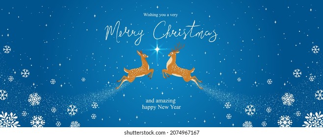 Amazing header or banner for Christmas and New Year design with deer and magic shine with sample text. Vector illustration